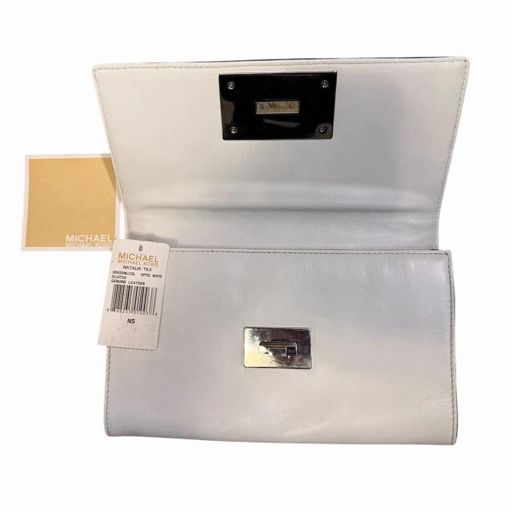 Michael Kors Natalia Clutch White Silver Tiled Turn Lock